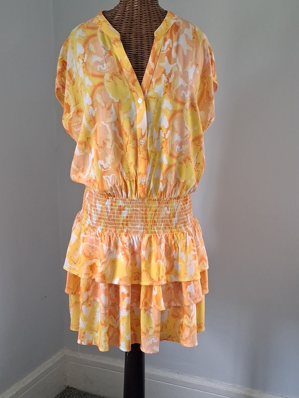 TART Yellow & Peach Printed Tiered Smocked-Waist Dress